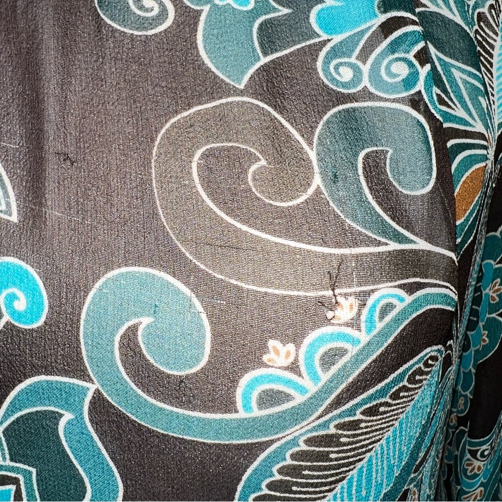 Trina Turk 100% Silk Blouse Black Teal Floral Sheer Long Sleeve Ruffle Size P - Picture 2 of 11